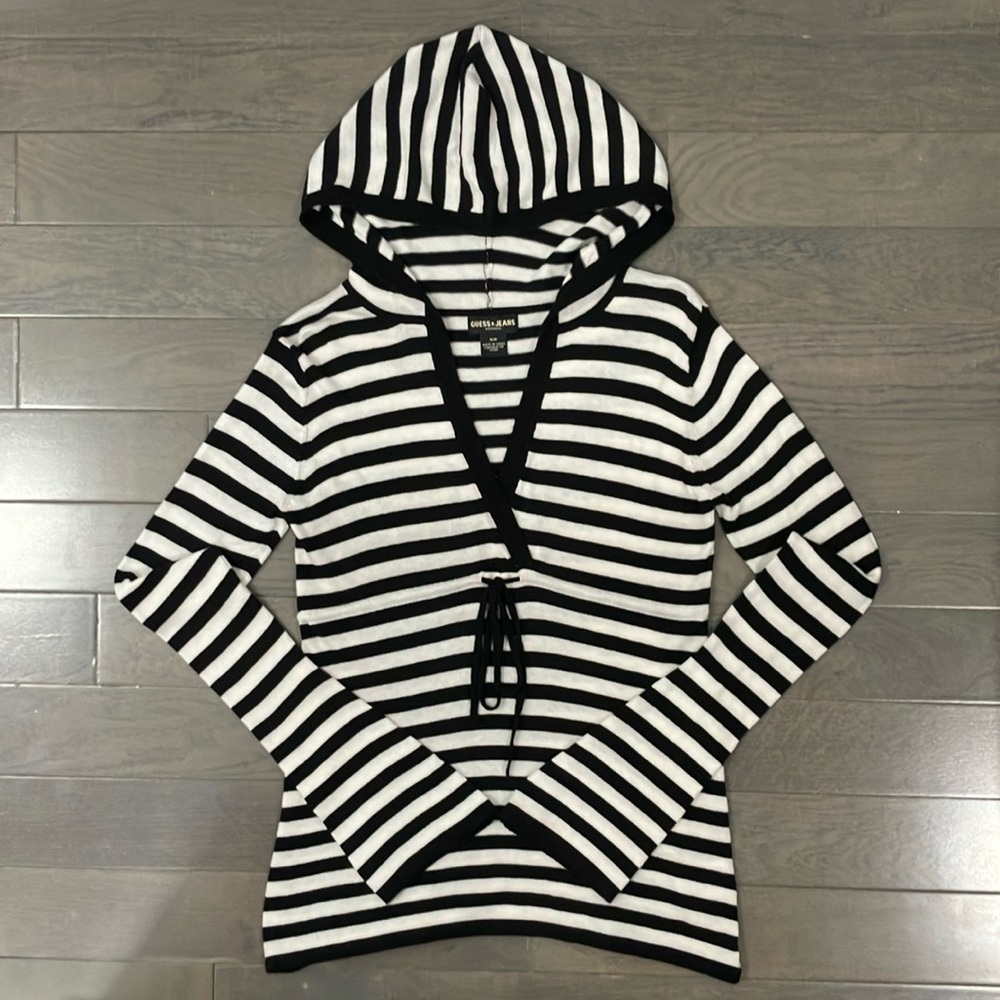 Y2K Vintage Guess Jeans Striped Lightweight V-Neck Hooded Sweater Size S